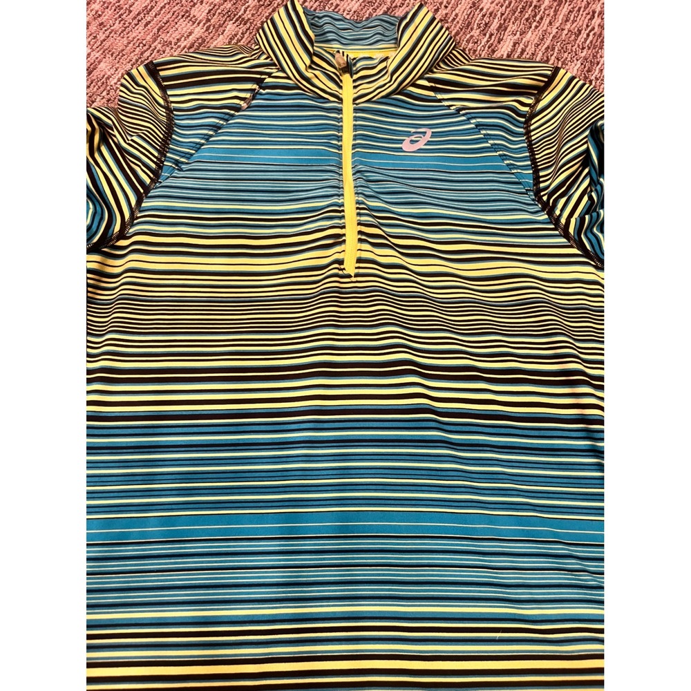 Asics Womens Quarter Zip Running Top Blue Lime Striped Long Sleeve WR2274 M